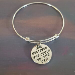 NWOT "She Believed She Could So She Did" Silvertone Wire Charm Bracelet